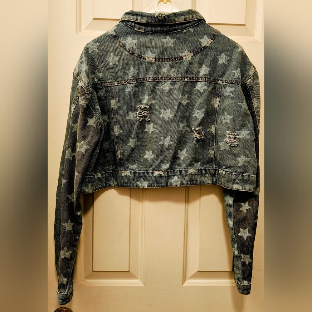 POL Stars Denim Button Distressed Crop Denim Jacket. - Picture 5 of 13